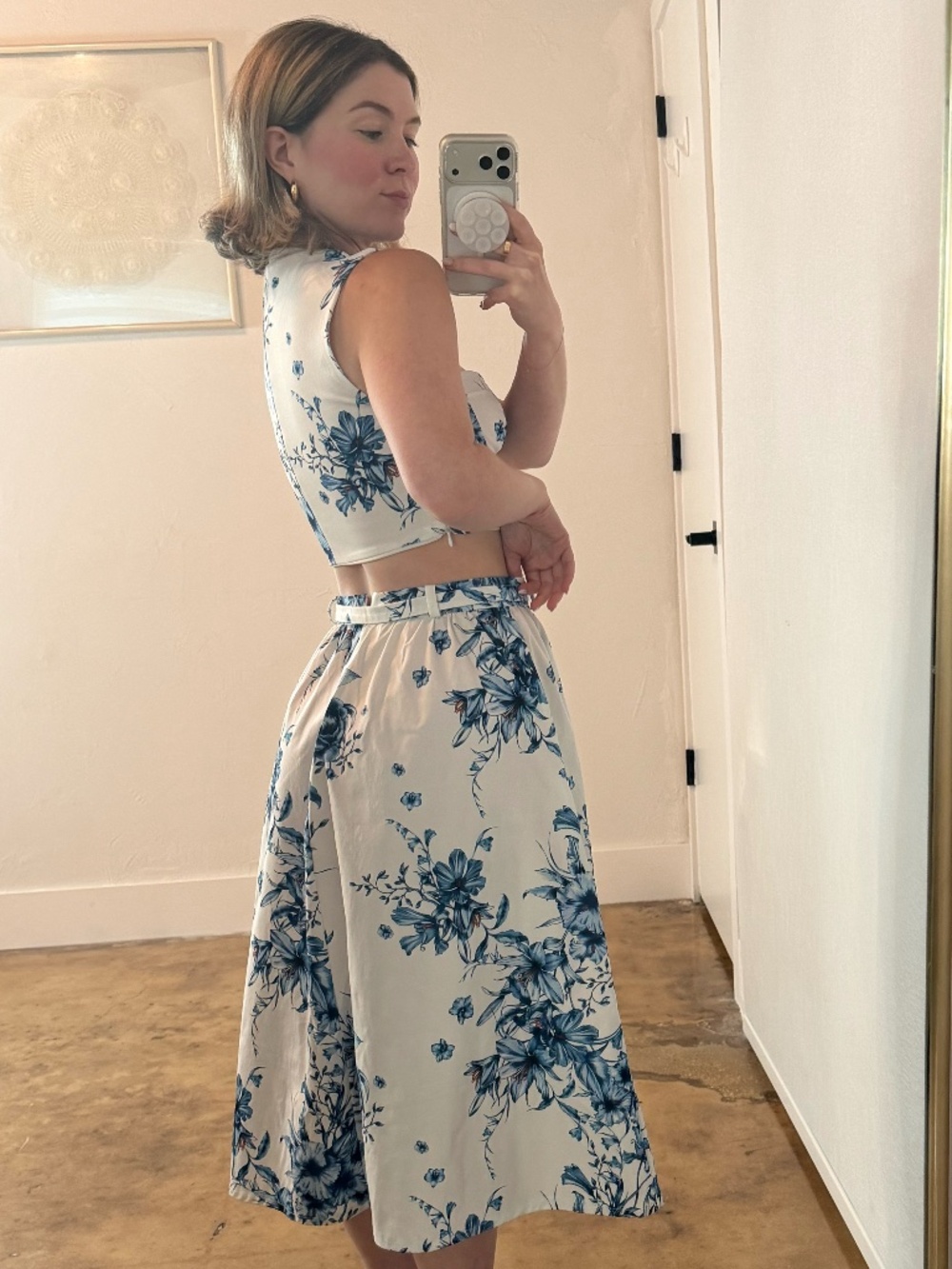 Zara Blue White Floral Belted A-Line Midi Skirt